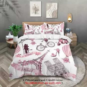 Eiffel Tower Digital Printing Polyester Three-Piece Quilt Cover Bedding Quilt Cover Pillowcase 135x200cm