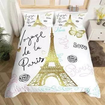 Eiffel Tower Duvet Cover Set Paris France Bedding Sets Queen Size Old Newspaper Style Comforter Cover for Men Women,Gray Stylish 135X200cm-2pcs