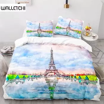 Eiffel Tower Landscape Duvet Cover Set King Queen Size For Kids Boys Girls Polyester Bedding Set With Pillowcase Comforter Cover EU single(135x200cm)