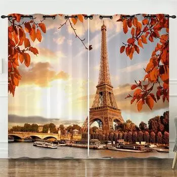 Eiffel Tower Pisa City Scenery Landscape Night View 2 Pieces Shading Curtains For Living Room Bedroom Study Balcony Decoration 50W60H(CM)X2&HOOK