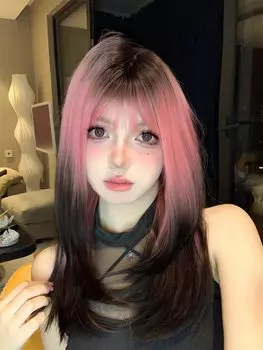 Eileen Cute Black x Pink Full Harajuku Small Face поставляется с сетчатым париком, полудлинный парик, женский парик, прямой, натуральный, стиль, популярный, эффект,