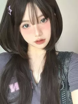 Eileen Cute Princess Cut Черный парик Полный парик Прямой натуральный стиль Харадзюку Популярный эффект маленького лица Сетка в комплекте Полудлинный женский