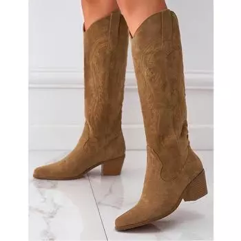 Eilyke ретро остроносые женские длинные сапоги до колена весна осень мода вышивка квадратный каблук вечерние туфли 35 коричневый