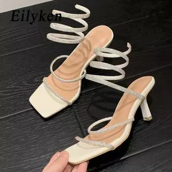 Eilyken/2023, сандалии с открытым носком и ремешком на щиколотке со стразами, женская модная женская летняя обувь на тонком низком каблуке, праздничное платье