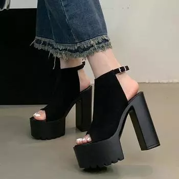 Eilyken 2024 Летние женские босоножки на толстой платформе с открытым носком, лаконичные туфли на высоком квадратном каблуке с пряжкой, большой размер 43 34 чёрный