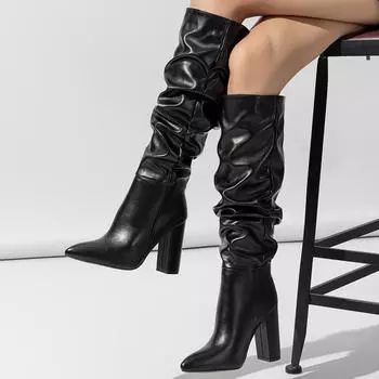 Eilyken/2024, весенние модные плиссированные женские ботинки, женские сапоги на массивном высоком каблуке, пикантные туфли до колена без шнуровки с острым носком 35 чёрный
