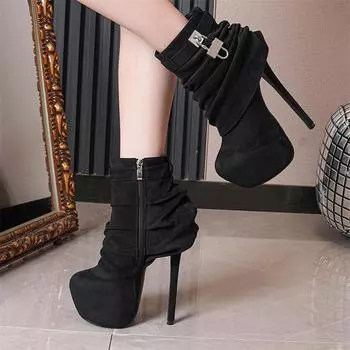 Eilyken 2025 Fetish Super Thin High Heels Boots Zipper Women Bottom Boots Designer Plide Round Toe Night Club Party Prom Shoes 35 чёрный