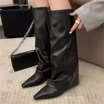 Eilyken 2026 New Design Splicing Wedges Heels Women Knee High Long Boots Fashion Pointed Toe Zipper Female Shoes 35