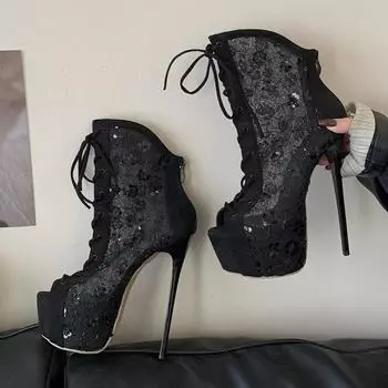 Eilyken Autumn Design Breathable Mesh Peep Toe Women Ankle Boots Sandals Fashion Zipper Platform Thin Heels Stripper Shoes 35