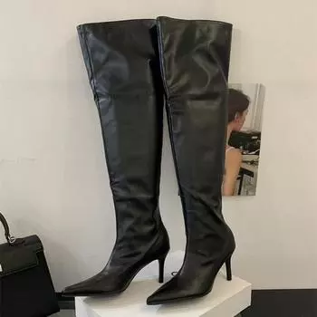 Eilyken Autumn Winter Pleated PU Soft Leather Pointed Toe Over The Knee Boots Women Fashion Design Thin Heels Long Shoes 35