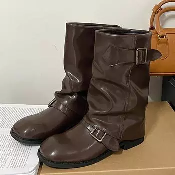 Eilyken Autumn Winter Street Style Fashion Round Toe Belt Buckle Women Knee-High Boots Square Low Heels Casual Female Shoes 35 чёрный