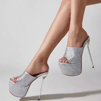 Eilyken/блестящие кристальные шлепанцы на массивной платформе, женские босоножки на высоком каблуке, пикантные элегантные шлепанцы для банкетов, стриптизерш 35 серебряный