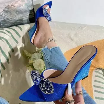 Eilyken CRYSTAL тапочки на танкетке с узлом-бабочкой, сандалии, женские шлепанцы с острым носком, женские шлепанцы, Zapatillas De Mujer 35 синий