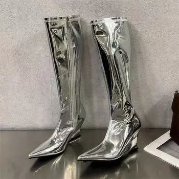 Eilyken Designer Patent Leather Pointed Toe Zipper Women Knee-High Boots Fashion Winter Wedges High Heels Shoes