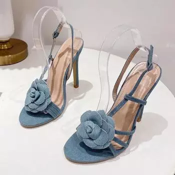 Eilyken дизайнерские стильные сандалии с цветочным принтом, женские туфли на тонком высоком каблуке с пряжкой и ремешком, модные вечерние туфли-лодочки для стриптиза с круглым носком 35 синий