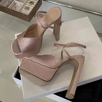 Eilyken Дизайнерские женские босоножки с квадратным носком и кристаллами на высоком каблуке с пряжкой на щиколотке, вечерние банкетные туфли 35 чёрный