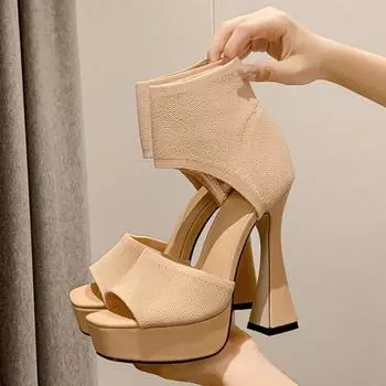Eilyken/дизайнерские женские сандалии из эластичной ткани с открытым носком, летние туфли на платформе и массивном высоком каблуке, вечерние туфли для ночного клуба 35 абрикосовый