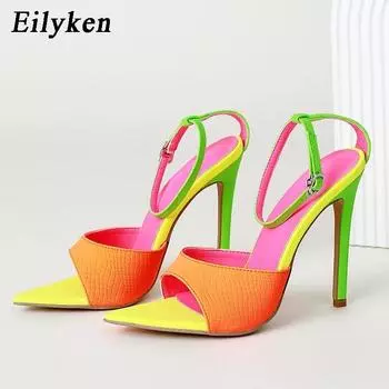 Eilyken/дизайнерские женские сандалии с пряжкой и ремешком, модные вечерние мюли с камуфляжным принтом и острым носком, вечерние летние туфли на высоком каблуке