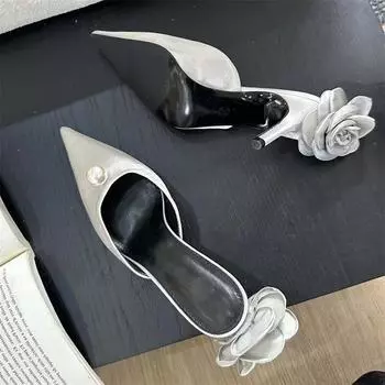 Eilyken/дизайнерские женские туфли-лодочки с шелковым цветком, модные туфли на низком тонком каблуке с мелким острым носком, женские тапочки с открытой пяткой 35 серебряный