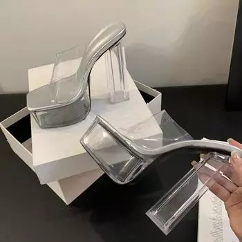 Eilyken/летние дизайнерские прозрачные шлепанцы из ПВХ, женские шлепанцы на платформе и высоком каблуке с квадратным носком 35 чёрный