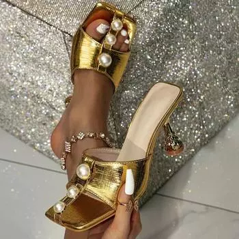 Eilyken/летние дизайнерские женские шлепанцы с квадратным носком и завязками из бисера, модные вечерние модельные туфли-шлепанцы на низком каблуке 36 золотистый