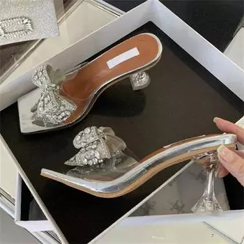 Eilyken/летние кристальные прозрачные женские шлепанцы с узлом-бабочкой, банкетные шлепанцы на высоком каблуке, женские сандалии