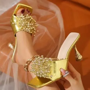 Eilyken/летние модные женские тапочки с квадратным носком, богемные сандалии на высоком каблуке с бусинами, женская обувь 36 золотистый