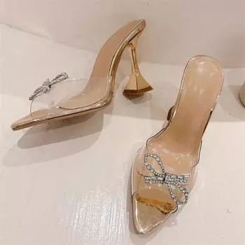 Eilyken/летние пикантные женские шлепанцы с острым носком и узлом-бабочкой, прозрачные босоножки на каблуке, пикантные вечерние шлепанцы 35 серебряный