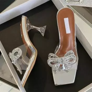 Eilyken/летние прозрачные женские тапочки с бантом, сандалии с квадратным носком, элегантная женская обувь на низком высоком каблуке с кристаллами