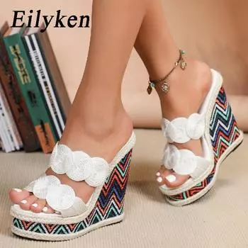 Eilyken/летние шлепанцы на платформе из конопли на танкетке, женские разноцветные дизайнерские туфли на массивном высоком каблуке, размер 34–43 34 чёрный