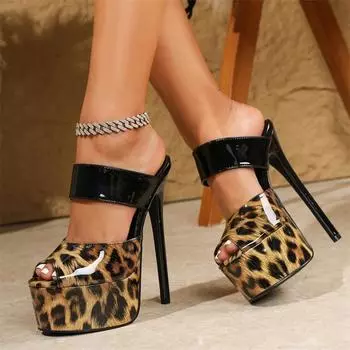 Eilyken Летние женские тапочки с открытым носком и леопардовым принтом на платформе, сексуальные женские туфли на высоком каблуке-шпильке 35 коричневый