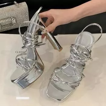 Eilyken Летняя мода узкие босоножки на шнуровке с квадратным носком женские туфли на платформе высокие каблуки для вечеринок 35 чёрный