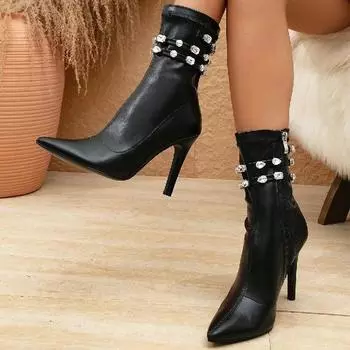 Eilyken/Модные ботильоны со стразами и бриллиантами, женские зимние модные туфли с острым носком на тонком высоком каблуке и молнии, ботильоны Mujer 35 чёрный
