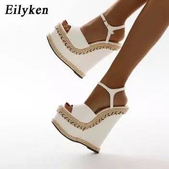 Eilyken/Модные сандалии на танкетке, женские летние новые модные женские туфли на высоком каблуке с пряжкой на щиколотке и ремешком на платформе с открытым носком 35 белый