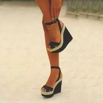 Eilyken/модные женские летние сандалии, обувь с пряжкой и ремешком, сандалии на танкетке для отдыха, повседневные босоножки на танкетке 35 чёрный