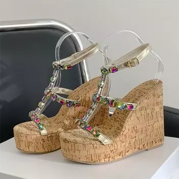 Eilyken/Модные женские сандалии на платформе с древесным зерном, на танкетке, на высоком каблуке, повседневная женская летняя обувь с кристаллами и пряжкой на ремешке