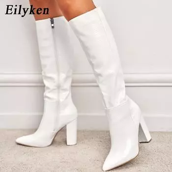 Eilyken/Модные женские сапоги до колена с острым носком на молнии, обувь на массивном высоком каблуке, осенне-зимние женские высокие сапоги, обувь 35 чёрный