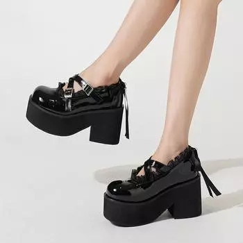 Eilyken/модные женские туфли-лодочки из лакированной кожи на кружевной платформе, сандалии с круглым носком, повседневная обувь на высоком массивном каблуке с пряжкой и ремешком