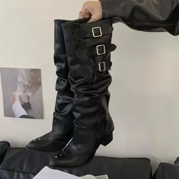 Eilyken New Design Button Combination Splicing Women Knee-High Boots Fashion Pointed Toe Square Low Heels Autumn Winter Shoes 35