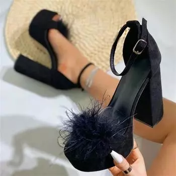 Eilyken New Design Fluffy Furry Open Toe Women Sandals Fashion High Heels Shoes Summer Buckle Strap Female Pumps 35 чёрный