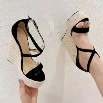 Eilyken Новые модные женские босоножки на танкетке с открытым носком, лаконичные туфли на высоком каблуке с пряжкой и ремешком, вечерние гладиаторские туфли 37 чёрный
