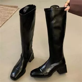 Eilyken New Fashion Round Toe PU Leather Knee-High Long Boots Women Zipper Square Low Heels Party Female Shoes 35