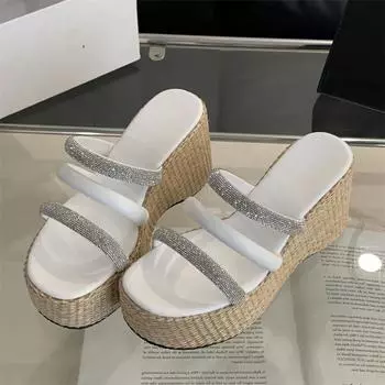 Eilyken New Summer Design Crystal Diamond Narrow Band Women Slippers Platform Wedges High Heels Banquet Ladies Shoes 35 чёрный