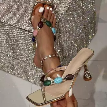 Eilyken/Новинка 2024 года, летние женские тапочки с квадратным носком, повседневные пляжные шлепанцы, обувь на шлепанцах, Zapatos De Mujer 36 серебряный