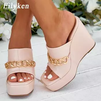 Eilyken/Новое поступление, летние женские шлепанцы на платформе с металлической цепочкой на танкетке, женские шлепанцы на высоком каблуке, обувь