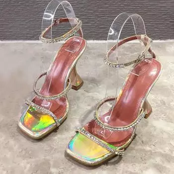 Eilyken, новые летние женские дизайнерские сандалии с квадратным носком, модные женские туфли из искусственной кожи со стразами и бриллиантами, странные женские туфли на каблуке с пряжкой на щиколотке и ремешком 35 золотистый