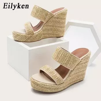 Eilyken/Новые модные женские туфли из соломенной веревки с открытым носком, тапочки на танкетке и платформе, летние сандалии, женские шлепанцы на толстом высоком каблуке