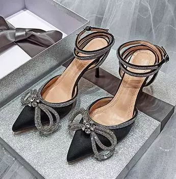 Eilyken, новый дизайн, модные стильные босоножки на каблуке с блестками и стразами, женские туфли-лодочки с бантом, атласные повседневные туфли на каблуке с бантом, женская обувь для вечеринок 35 чёрный