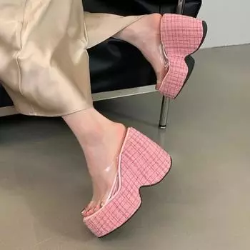 Eilyken Новый дизайн ПВХ прозрачные туфли на платформе с открытым носком женские тапочки модные туфли на высоком каблуке банкетные туфли 35 чёрный