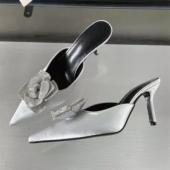 Eilyken/Новый дизайн, шелковые женские тапочки с острым носком и кристаллами, модные вечерние туфли на тонком каблуке, женские туфли-мюли 35 чёрный